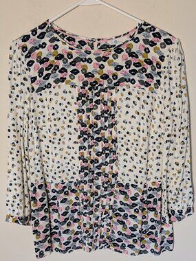 Boden Hotchpotch Poppy Mixed Prints 3/4 Sleeve Pintuck Boho Blouse Sz 10 Cream